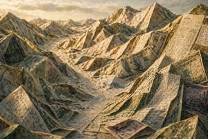 Mountain landscape made of folded dollar bills and invoices, representing measurable enterprise AI ROI across business functions