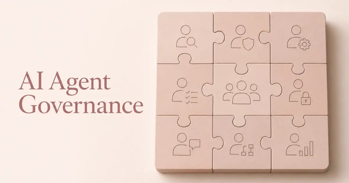 Pastel interlocking puzzle pieces with engraved symbols representing agent permissions, security, approval, collaboration, and oversight. 
