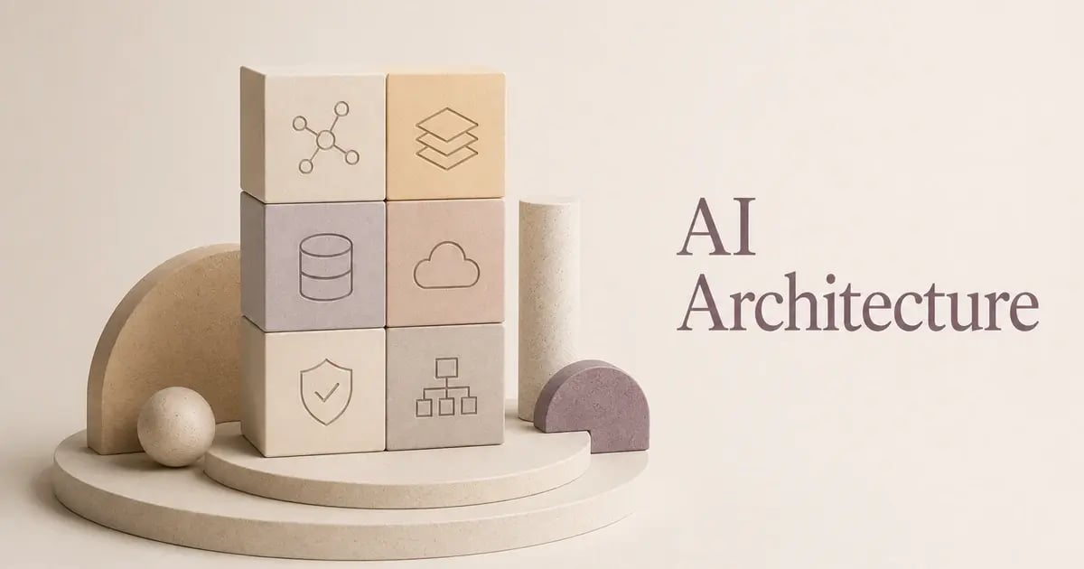 Pastel architectural blocks and engraved symbols for data, cloud, security, integration, and system layers, illustrating how enterprise AI architecture brings core technology components together within a structured operating foundation. 