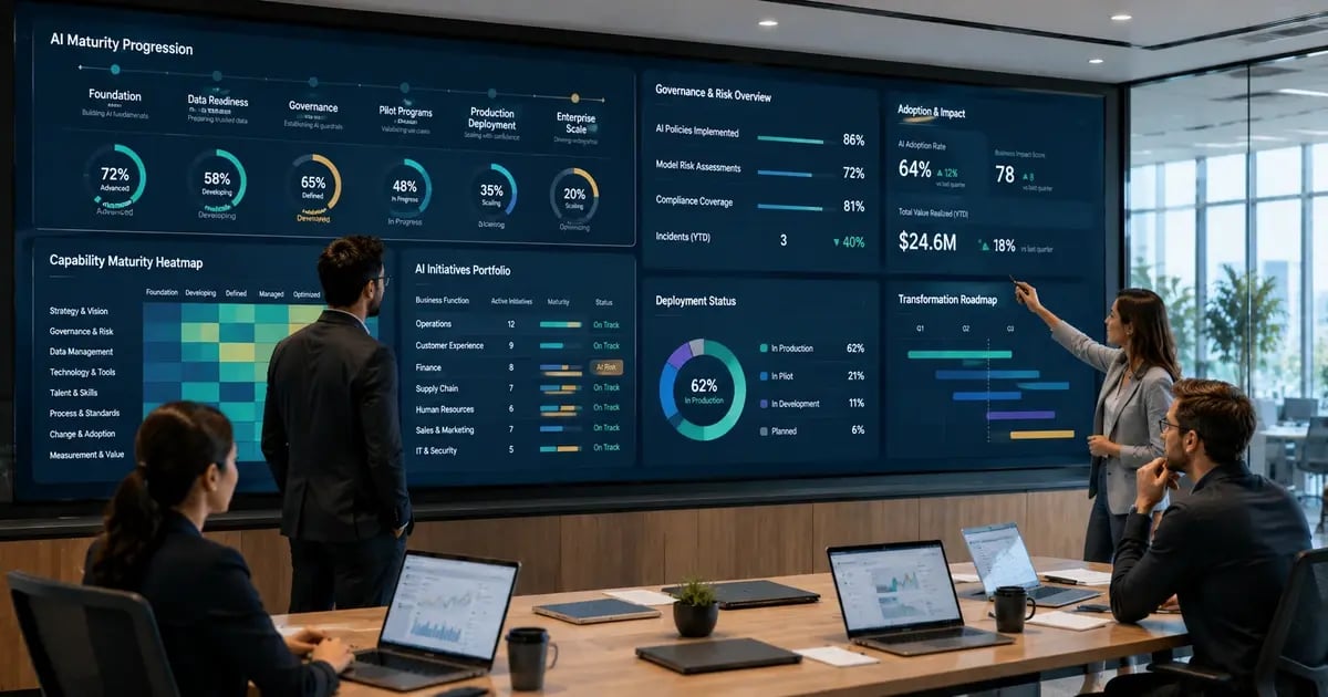 A modern enterprise command center where a team reviews a large AI maturity and governance display featuring capability heatmaps, deployment status, adoption metrics, transformation roadmaps, and business-unit initiatives across an organization’s AI program. 