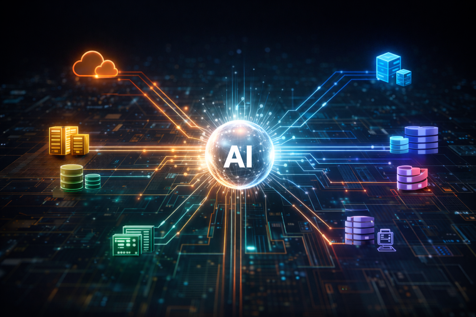 Conceptual image of an AI integration platform linking enterprise systems and databases