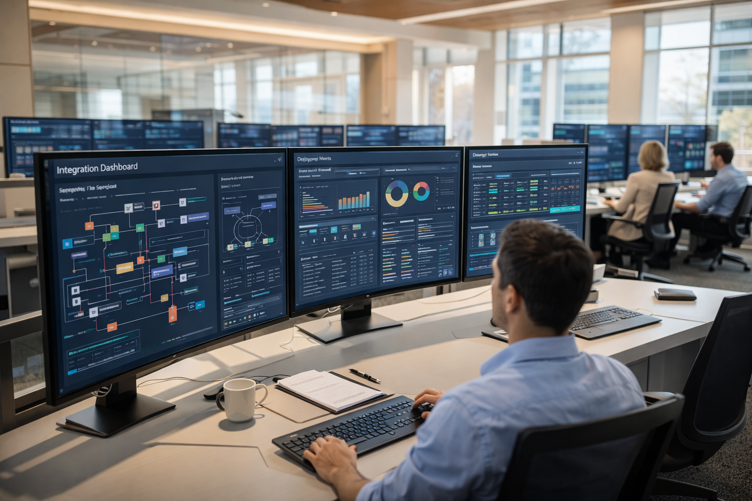 Enterprise team monitoring AI integration dashboards, showcasing AI platform capabilities for data orchestration, analytics, and scalable business workflows