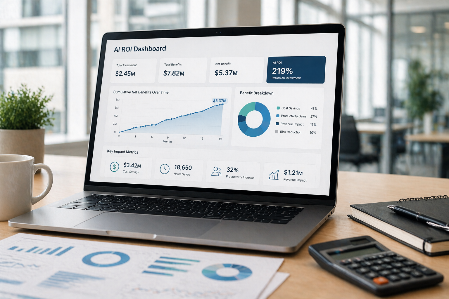 AI ROI dashboard displaying investment, cost savings, productivity gains, and revenue impact analytics on a business intelligence laptop screen