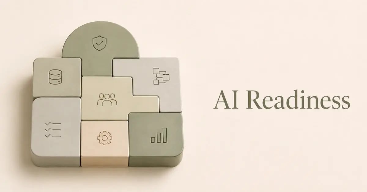Pastel modular blocks engraved with symbols for data, systems, people, governance, operations, and performance, illustrating the organizational foundations required for enterprise AI readiness. 
