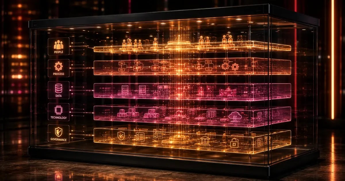 A glass-enclosed architectural model composed of interconnected transparent layers representing people, processes, data, technology, and governance, illustrating how AI transformation aligns multiple business capabilities into a coordinated enterprise operating model. 