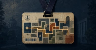 A textured editorial illustration of a university ID card suspended from a dark lanyard against a deep blue background. Abstract pathways and interconnected shapes run across the card, symbolizing student journeys, institutional continuity, and the complexity of navigating modern university systems. 