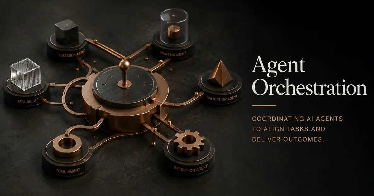 Conceptual hero image representing agent orchestration with a central coordination hub directing multiple specialized AI agents through interconnected pathways, symbolizing enterprise task routing, execution control, dependency management, and intelligent coordination across complex multi-agent systems. 