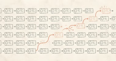 Hand-drawn workflow cards arranged in a repeated grid, with one orange path breaking away to show how agentic AI differs from traditional automation.