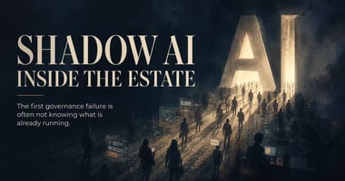 “Shadow AI Inside the Estate” appears beside a glowing AI doorway, hidden figures, interface panels, and data traces, symbolizing incomplete AI inventory and unregistered enterprise AI systems. 