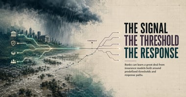 Editorial-style illustration showing a flooded urban landscape under heavy storm clouds, with glowing signal lines moving from banks and operational icons toward a marked threshold, then splitting into response pathways. Large headline text reads “The Signal / The Threshold / The Response,” highlighting how predefined triggers and trusted signals can guide faster institutional action.