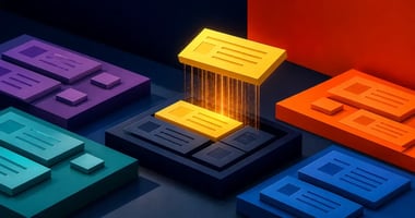 A high-contrast 3D illustration of multiple colored content platforms, with a central glowing gold tile being lifted upward by beams of light while surrounding tiles remain embedded, representing AI extracting and prioritizing a single citation-worthy content block from multiple sources.