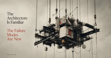 A conceptual editorial illustration of a suspended industrial structure made of steel beams, concrete slabs, cables, and pulleys floating against a muted architectural backdrop. Minimal typography frames the composition with the phrase “The Architecture Is Familiar / The Failure Modes Are New,” symbolizing the hidden operational strain and structural fragility inside enterprise AI systems running in production. 