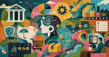 Editorial collage illustrating enterprise agentic AI use cases across banking, insurance, ecommerce, manufacturing, logistics, and analytics, with connected workflows, decision paths, data systems, and human oversight represented through colorful geometric symbols and layered visual elements. 