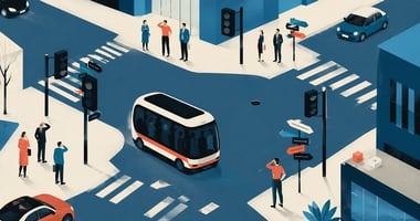 Isometric illustration of an urban intersection with traffic lights, pedestrians, cars, and a shuttle bus in a blue-toned city scene.