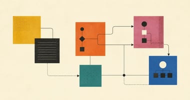 Editorial-style geometric illustration with muted color blocks, connected lines, and directional arrows representing enterprise workflow automation, workflow orchestration, and the flow of rules, models, and AI agents through structured business processes. 