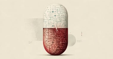 A minimalist editorial illustration of a large pharmaceutical capsule set against a textured off-white background. The capsule is split into structured and fragmented halves, symbolizing the traceability, accountability, and governance challenges behind GenAI-assisted clinical trial submissions. 