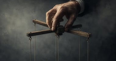 A textured editorial illustration of a human hand gripping a wooden marionette control bar with hanging strings against a dark, moody background, symbolizing autonomous AI governance, human oversight, delegated control, and enterprise accountability.    