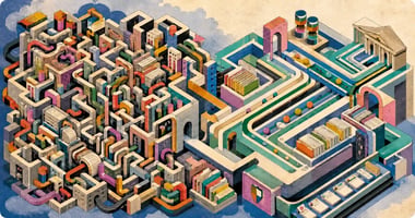 A retro editorial illustration of an intricate enterprise system maze, with tangled legacy pathways and document-heavy workflows on one side gradually connecting into cleaner, governed routes on the other, symbolizing AI-ready modernization for banking and insurance operations. 