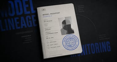A passport-style AI model dossier sits against a dark charcoal background with blue MLOps typography, symbolizing how enterprise AI platforms use model lineage, governance, monitoring, and approval controls to keep production systems accountable. 