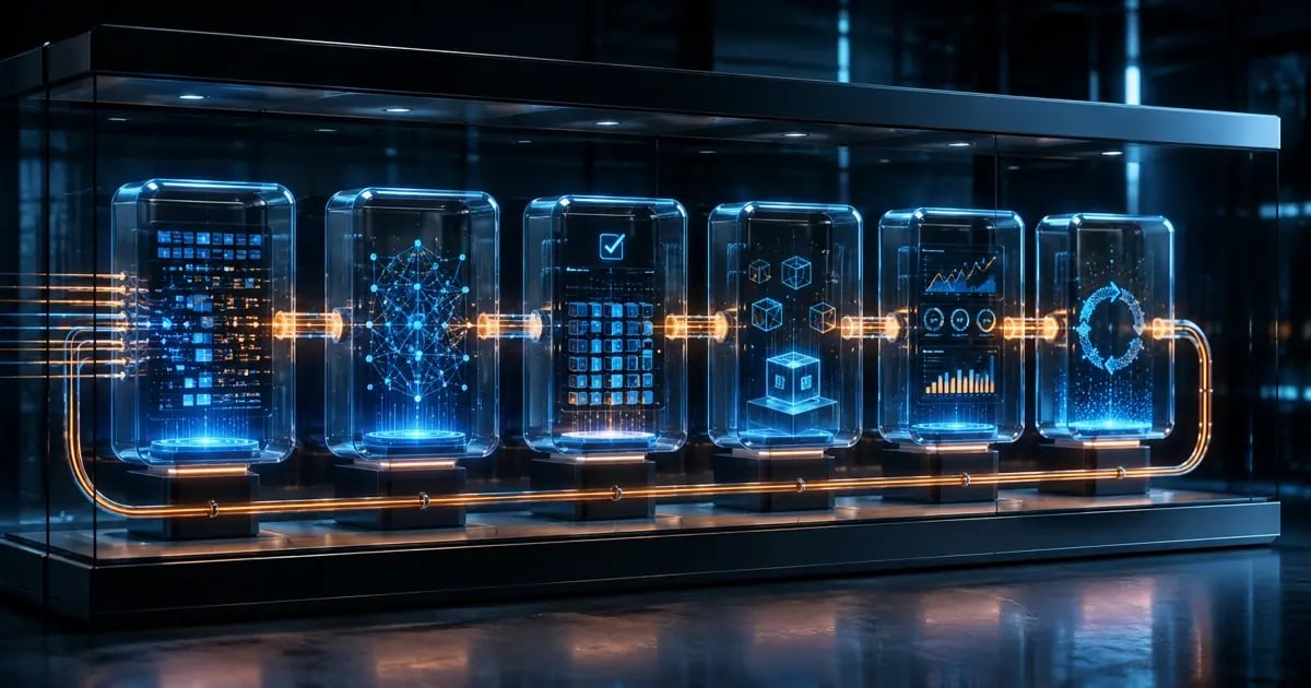 A glass-enclosed sequence of illuminated capsules connected by glowing conduits, representing the machine learning lifecycle from data and training to deployment, monitoring, and retraining.