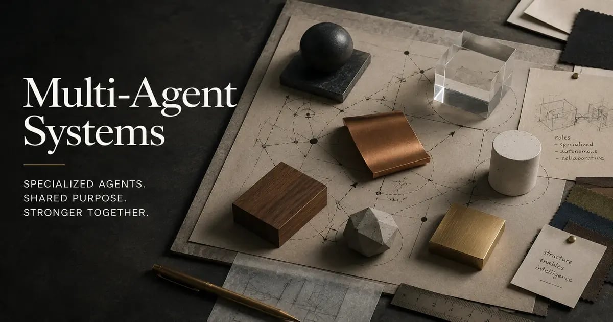 Conceptual hero image for multi-agent systems featuring an editorial-style design studio workspace with architectural sketches, material prototypes, and geometric forms representing specialized AI agents collaborating within a coordinated enterprise architecture. 