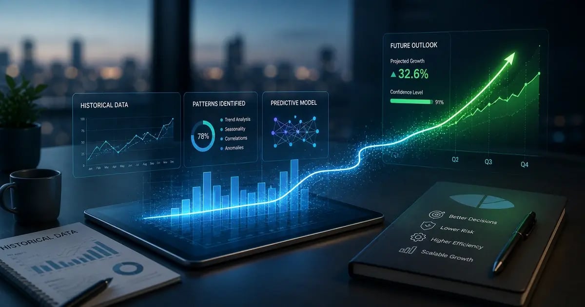 A tablet displays a rising predictive trend line, with surrounding panels showing historical data, pattern analysis, model outputs, and future outlook metrics for predictive analytics.