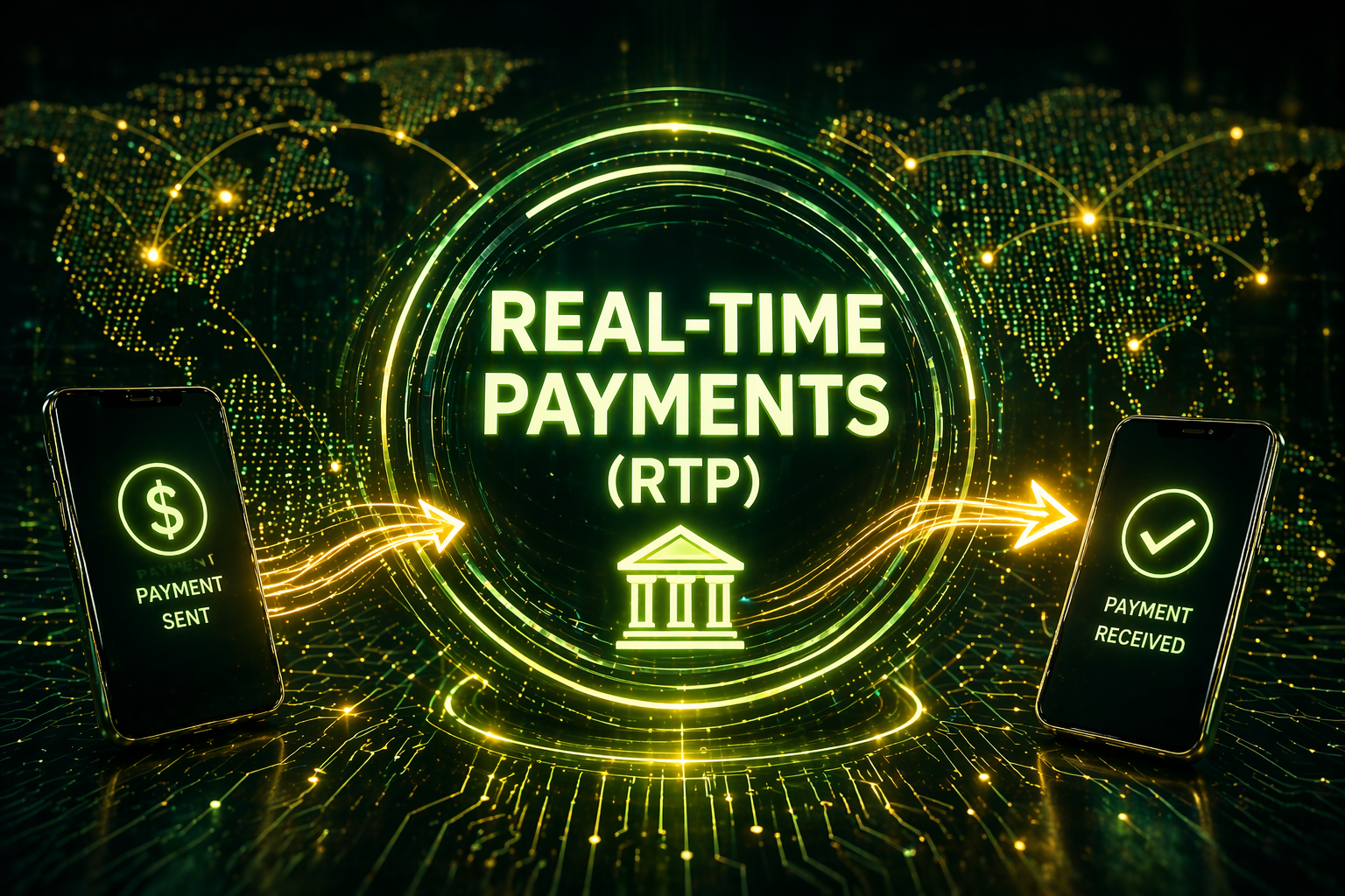 Real-time payments (RTP) network enabling instant digital transactions, bank-to-bank transfers, and mobile payment confirmation across global financial systems