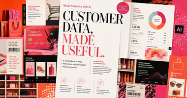 ditorial retail analytics collage with shopping bags, loyalty card graphics, product tiles, dashboards, charts, heatmaps, barcode labels, and AI motifs, centered around the headline “Customer Data, Made Useful.” 