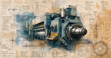 Textured magazine-style illustration of a large industrial machine layered with visible handwritten notes, maintenance annotations, diagrams, and technical sketches, symbolizing the operational knowledge and human judgment that manufacturers risk losing as experienced workers retire. 