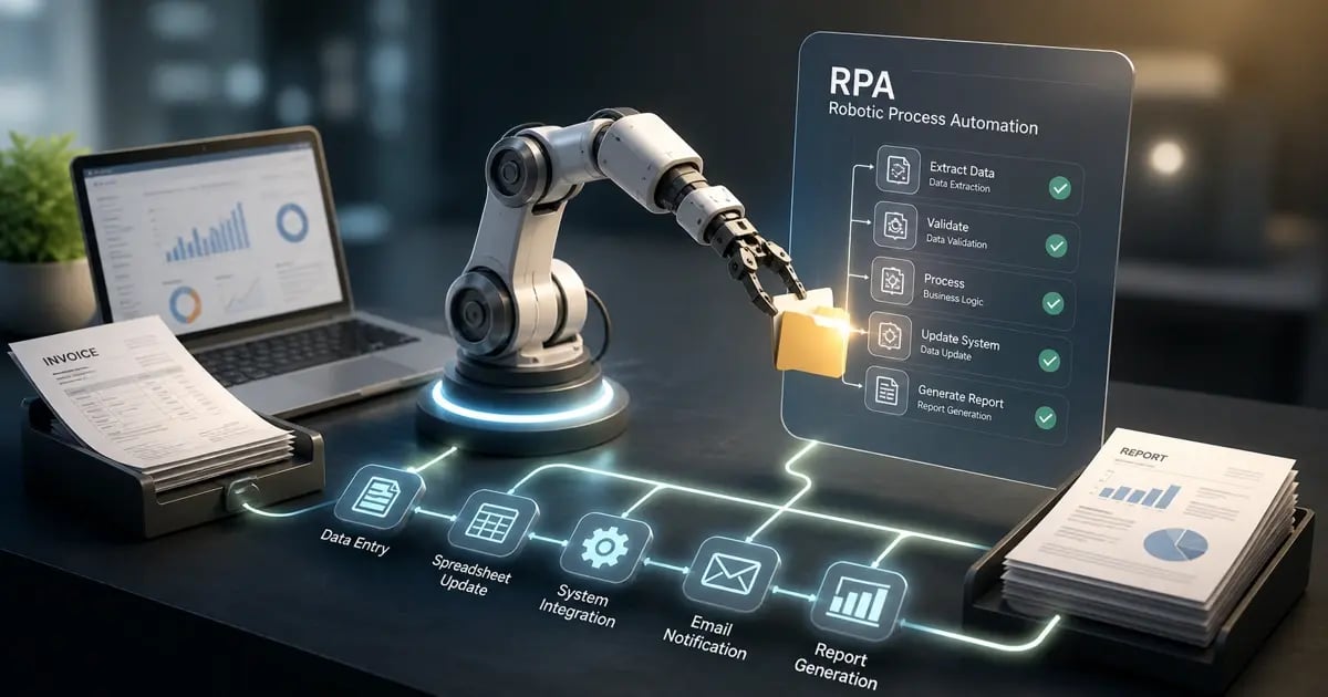 A high-detail, photorealistic scene of a robotic arm automating document workflows at a modern workstation, interacting with a structured digital interface showing task steps like data extraction, validation, system updates, and report generation, with physical documents, dashboards, and process icons connected in a continuous workflow—representing robotic process automation in enterprise operations.