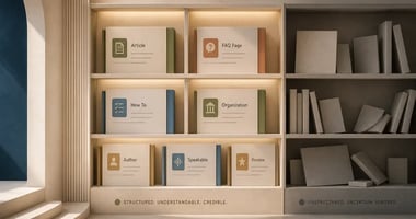 A clean architectural still-life showing an illuminated shelving system divided into two sections. On the left, neatly organized content cards are labeled with structured data types such as Article, FAQ Page, How To, Organization, Author, Speakable, and Review, suggesting content that is clearly classified and machine-readable. On the right, darker shelves hold unlabeled, disorganized blocks and panels, representing unstructured content that is harder for AI retrieval systems to understand, trust, or cite. 