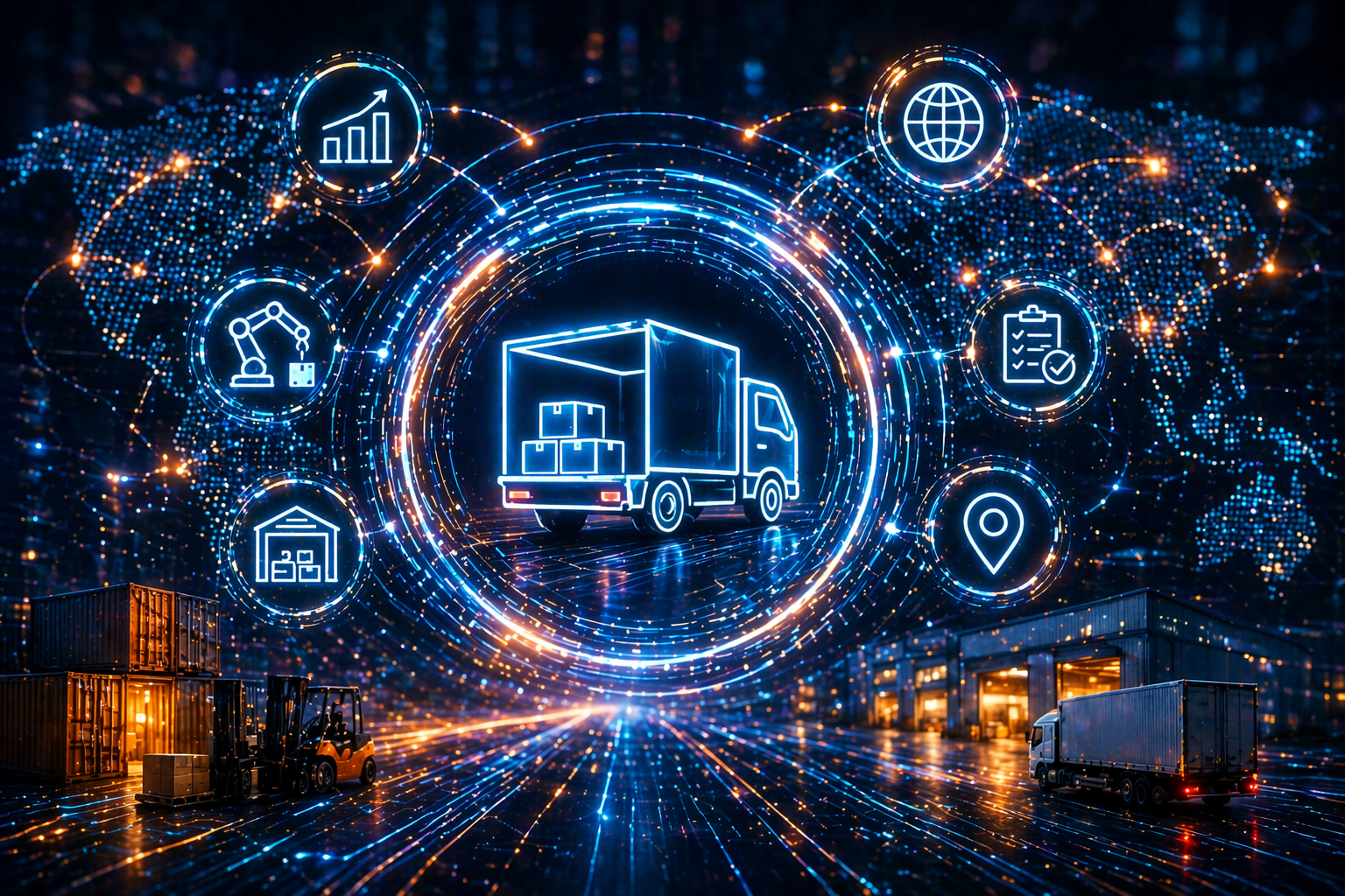AI-powered supply chain transformation showing connected logistics, warehouse automation, real-time tracking, and digital freight optimization network