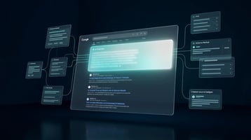 A 3D digital environment showing a glowing AI Overview panel at the top of a search results page, surrounded by floating B2B content elements including structured answer capsules, FAQ blocks, and citation nodes connected by teal knowledge graph lines — representing how AI Overviews are reshaping B2B content strategy.